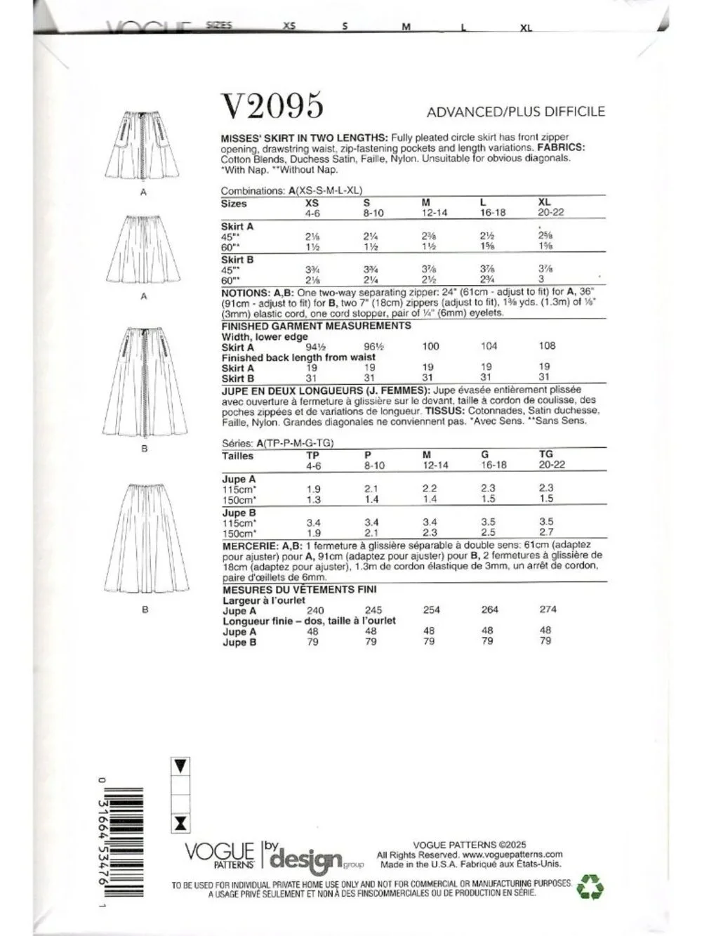 Vogue V2095 Misses XS to XL Long and Short Skirts Uncut Sewing Pattern